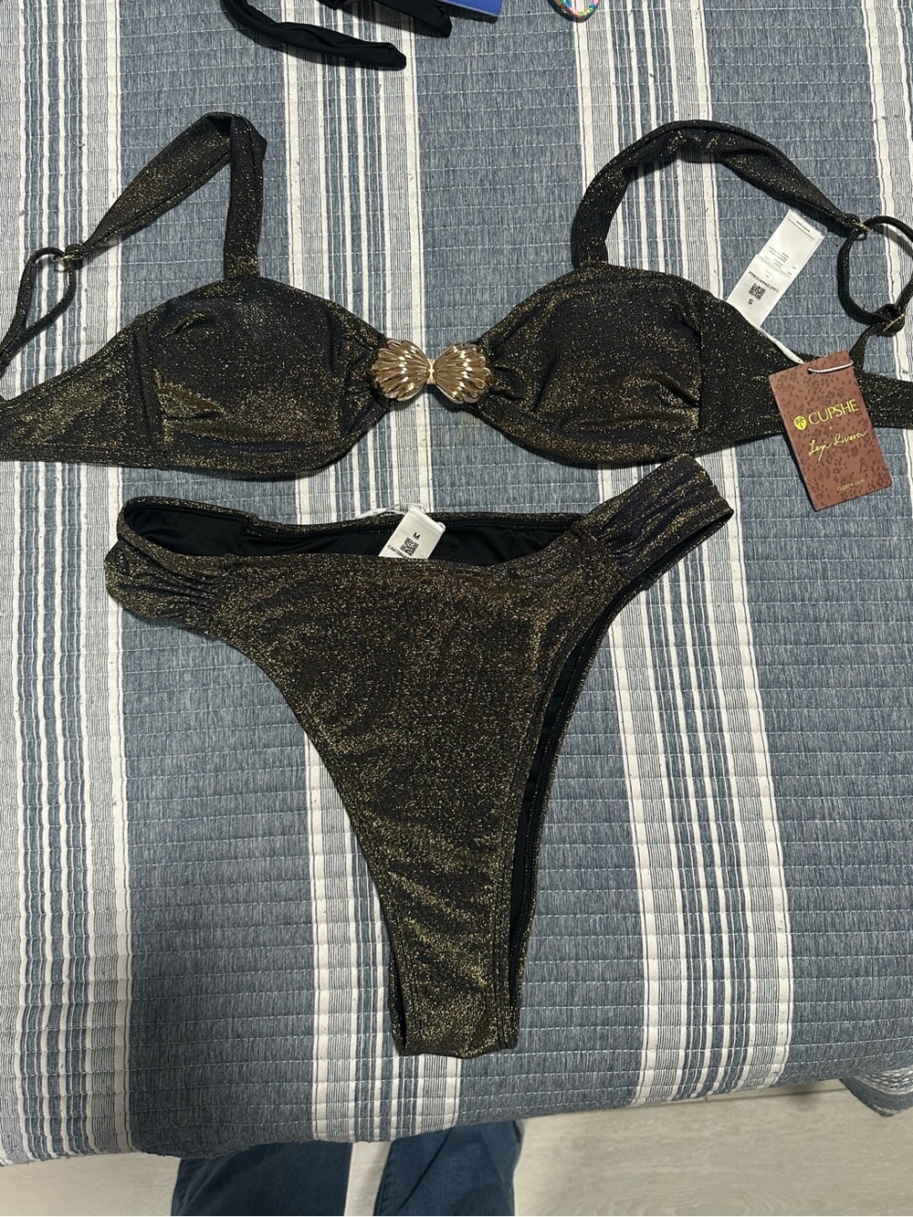 Cupshe Black with Gold Shimmer Shell Accent Bikini